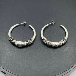 Sterling Silver 925 Balinese Oxidized Finish Post Clutch Back Hoop Earrings